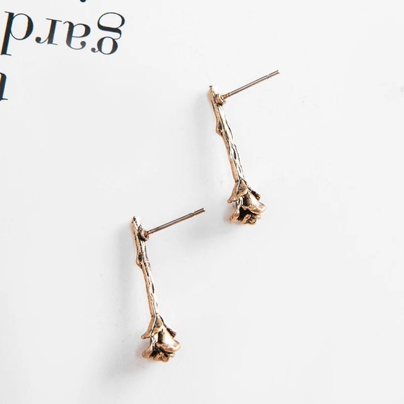 Vintage Rose Stem Bronzed Gold Drop Earring - Picture 3 of 5